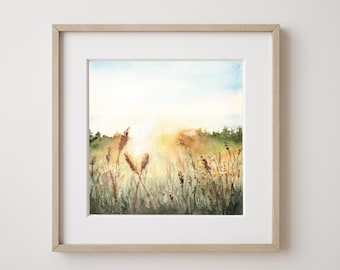 Meadow Watercolor Print – Soft Landscape Wall Art – Peaceful Nature Painting – Minimalist Home Decor