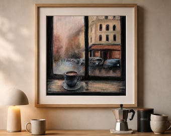 Moody Coffee Shop Print | Rainy Cafe Oil Painting Wall Art (Square)