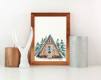 A Frame Cabin Watercolor Print, Minimalist Home Decor, Winter Wall Art