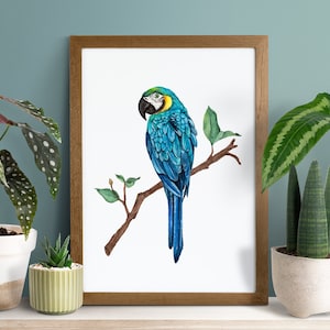 Parrot Art Print, Hyacinth Macaw Watercolor Art Print, Watercolor Bird Wall Art, Tropical Bird Wall Art