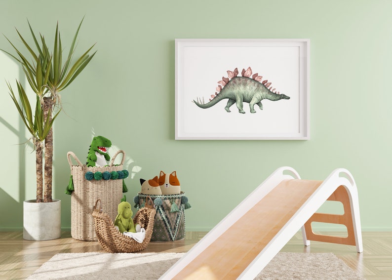 Dinosaur Art Print, Stegosaurus Wall Art, Watercolor Dinosaur, Dino Wall Art, Kids Room Decor, Nursery Decor image 4