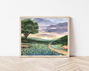 Texas Landscape Watercolor Print - Bluebonnet Flowers Art - Rustic Home Decor