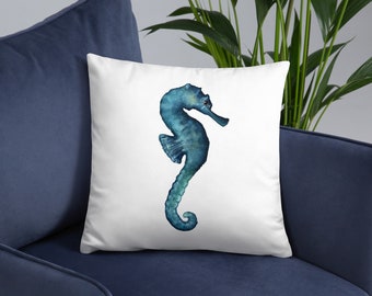 Watercolor Seahorse Throw Pillow – Coastal Ocean Decor