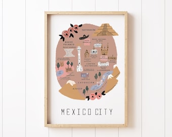 May include: A pink and brown illustrated map of Mexico City with the text "Mexico City" at the bottom. The map includes landmarks such as the Museo Nacional de Antropologia, the Palacio de Bellas Artes, and the Zocalo. The map is surrounded by a floral border.