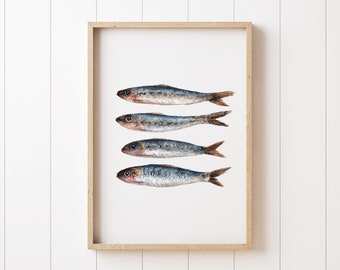 Sardine Aquarell, Strandhaus Dekor, Aquarell Fisch Kunstdruck, Ocea Decor