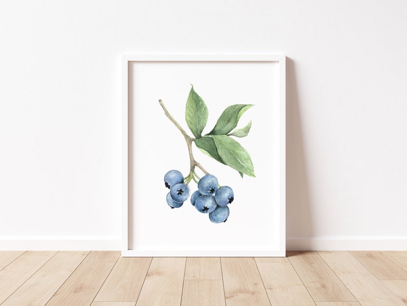 Blueberry Watercolor Art Print, Watercolor Fruit Print, Botanical Wall Art, Minimalist Art image 1