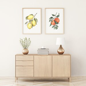 May include: Two framed watercolor prints of fruit branches. The left print features a lemon branch with yellow lemons and green leaves. The right print features an orange branch with orange fruit and green leaves. The prints are hanging on a white wall above a light wood dresser with two drawers and two doors. A gold vase with a small green plant sits on the dresser. A gold lamp with a white shade sits on the dresser.
