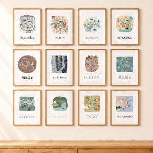 Conjunto de 12 impresiones de mapas de ciudades - Colección de arte mural dibujado a mano - Regalo de decoración de viaje imagen 1