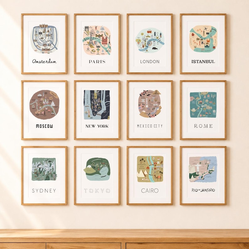 Conjunto de 12 impresiones de mapas de ciudades - Colección de arte mural dibujado a mano - Regalo de decoración de viaje imagen 1