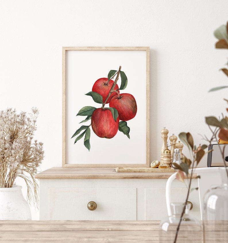 Red Apple Art Print, Watercolor Apples Art Print, Apples on Branch Watercolor Painting, Fruit Wall Art image 3
