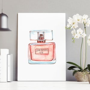 Pink Perfume Bottle Watercolor Print - Fragrance Art - Elegant Home Decor - Love Potion No. 9