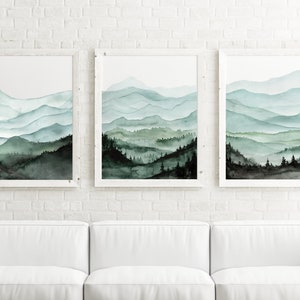 Mountain Landscape Art Print, Abstract Watercolor, Landscape Watercolor Prints, Set of 3 Prints, Modern Home Decor
