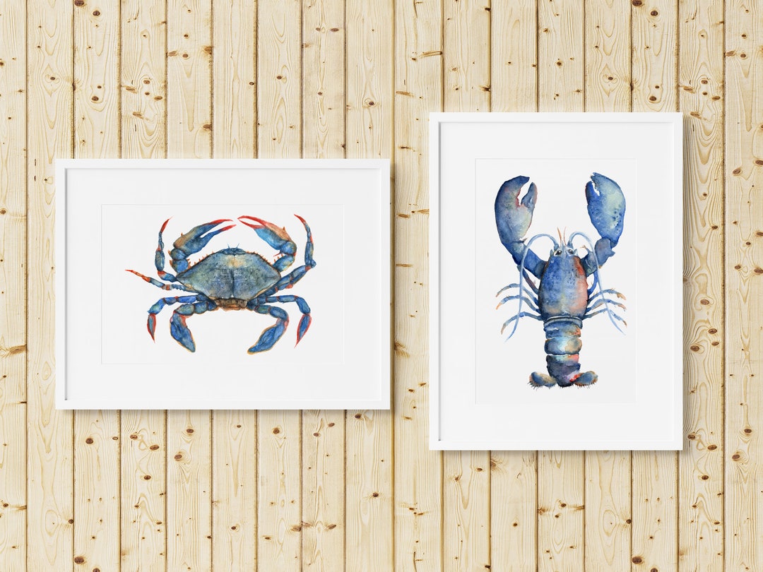 Blue Crab & Lobster Coastal Prints: Nautical Kitchen Wall Art - Etsy