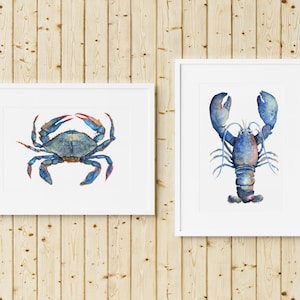 Blue Crab and Lobster Art Set – Coastal Kitchen Prints – Nautical Seafood Wall Art – New England Shellfish Decor