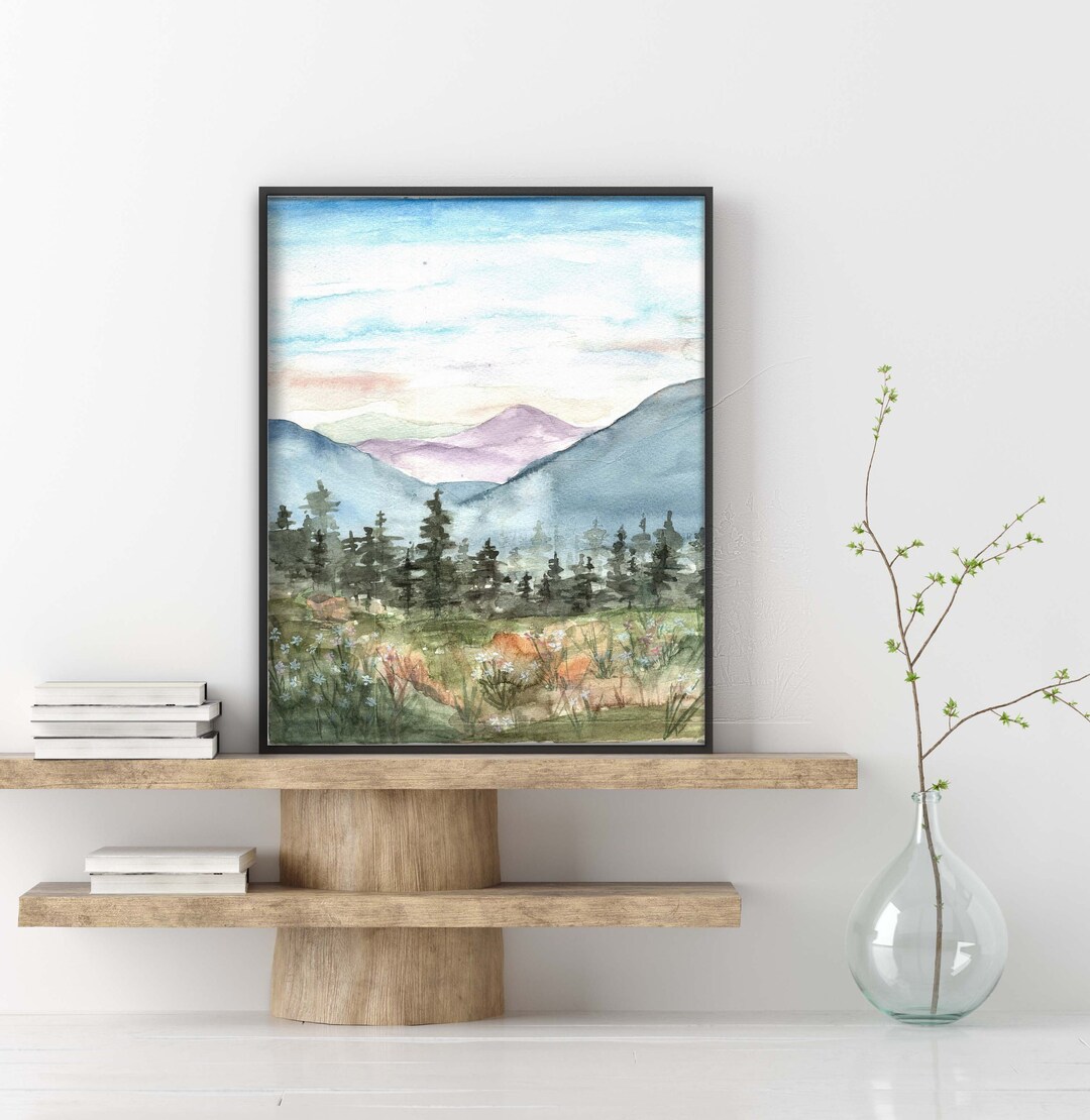 Watercolor Landscape Art Print, Mountain Watercolor, Watercolor