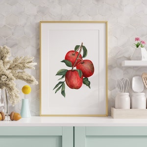 Red Apple Art Print, Watercolor Apples Art Print, Apples on Branch Watercolor Painting, Fruit Wall Art image 5