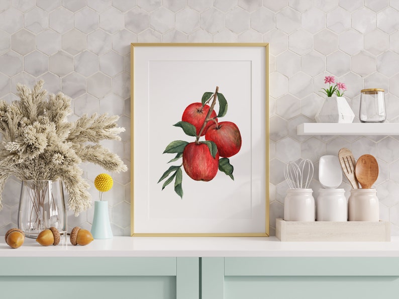 Red Apple Art Print, Watercolor Apples Art Print, Apples on Branch Watercolor Painting, Fruit Wall Art image 5