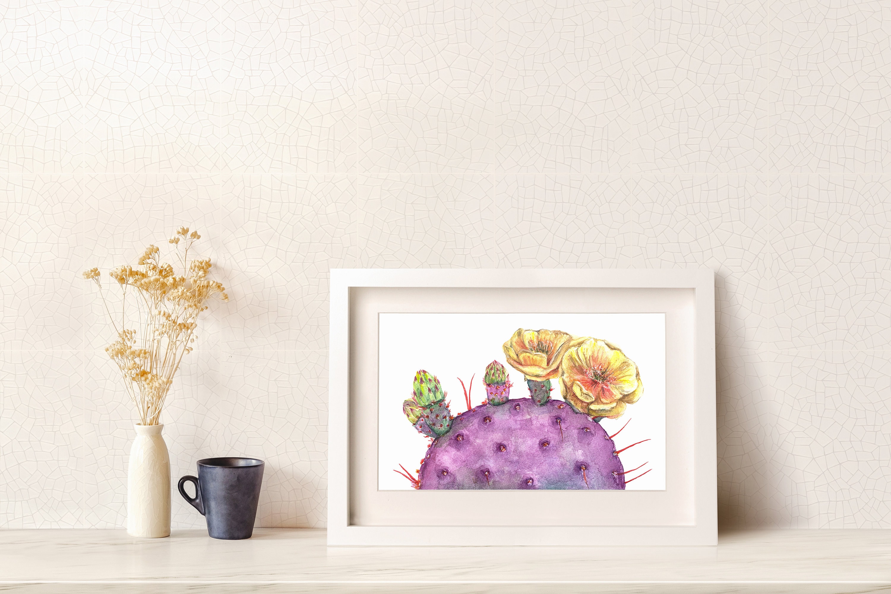 Prickly Pear Cactus Watercolor Art Print - Desert Botanical Wall Art ...