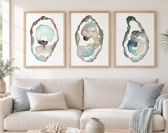 Oyster Shell Watercolor Print Set – Coastal Wall Art for Kitchen, Bath or Beach House