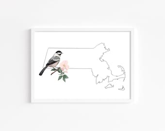 Massachusetts State Art Print, Minimalist Watercolor Print, Aesthetic Home Decor