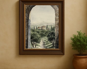 Italienische Landschaft in Aquarell Farben – die Toskana Landschaft, eine rustikale Bauernhaus Dekoration, mediterrane Landhaus Dekoration