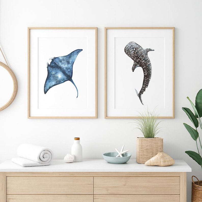Whale Shark & Manta Ray Watercolor Print Set: Coastal Minimalist Art - Etsy