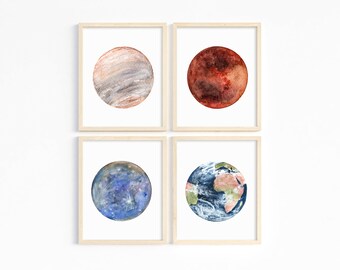 Impressions d'art aquarelle céleste - art mural du système solaire - décoration d'espace