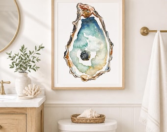 Oyster Art Print, Coastal Watercolor Wall Art, Beach House Kitchen Decor