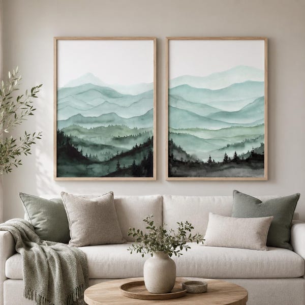 Misty Mountain Print Set of 2, Green Watercolor Wall Art