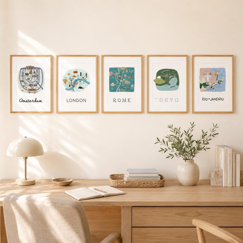 Conjunto de 12 impresiones de mapas de ciudades - Colección de arte mural dibujado a mano - Regalo de decoración de viaje imagen 7