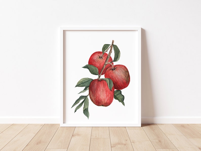 Red Apple Art Print, Watercolor Apples Art Print, Apples on Branch Watercolor Painting, Fruit Wall Art image 1