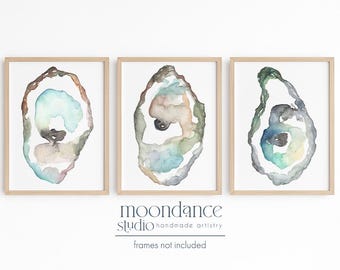 Oyster Shell Wall Art Set, Coastal Watercolor Prints, Beach House Decor, Nautical Triptych Art