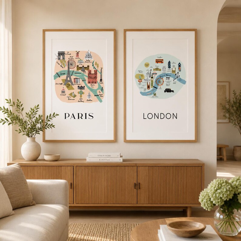 Conjunto de 12 impresiones de mapas de ciudades - Colección de arte mural dibujado a mano - Regalo de decoración de viaje imagen 5