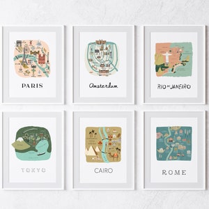 Lot de 12 tirages de plans de la ville - Collection d'art mural dessinés à la main - Cadeau de voyage