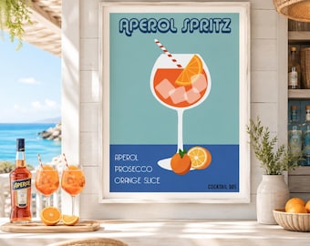 Aperol Spritz Kunstdruck, Retro-Cocktail-Wandbild, Barwagen-Deko, Hausbar-Poster