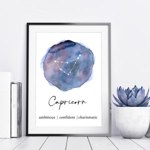 Capricorn Horoscope Art Print, Zodiac Gift, Capricorn Art, Gift for Capricorn, Capricorn Constellation, Watercolor, Minimalist Home Decor