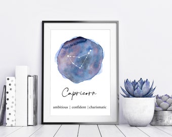 Capricorn Constellation Watercolor Art Print, Zodiac Gift