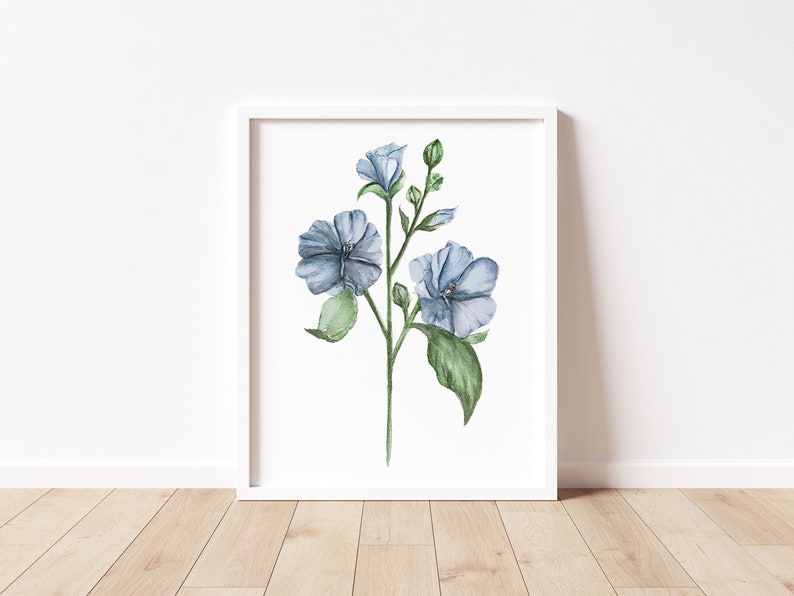 May include: A watercolor painting of a blue flower with green leaves and stems on a white background.