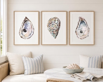 Juego de 3 láminas de acuarela con conchas de ostras, decoración de pared para cocina con temática costera.