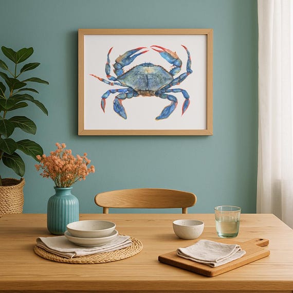 Blue Crab Wall Art – Coastal Kitchen Print – Nautical Watercolor Crab – Ocean Animal Decor
