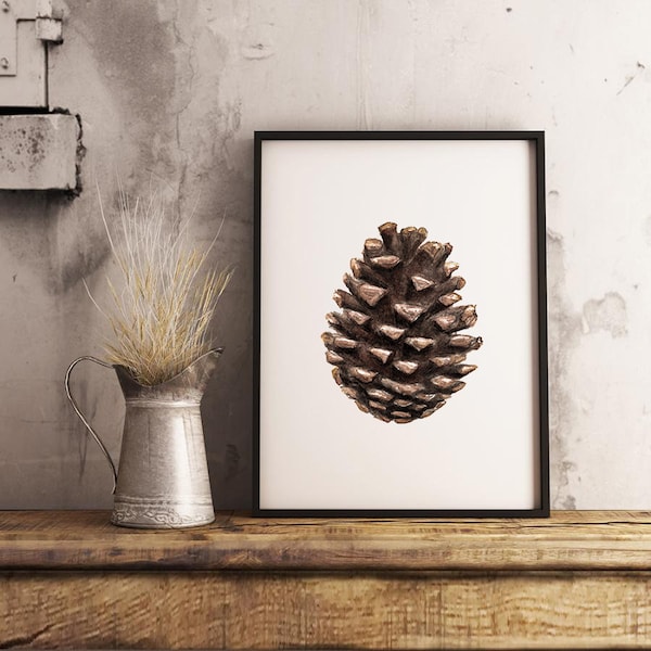 Pine Cone Watercolor, Botanical Art Print, Minimalist Home Decor