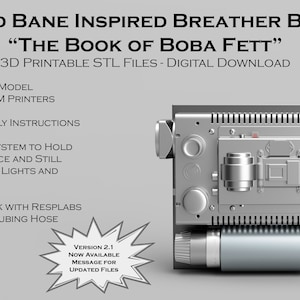 Może przedstawiać: Srebrny model 3D drukarki 3D inspirowany Cad Bane, zaprojektowany do użycia z rurą CPAP blackout. Model jest oznaczony jako "The Book of Boba Fett" i zawiera instrukcje montażu.