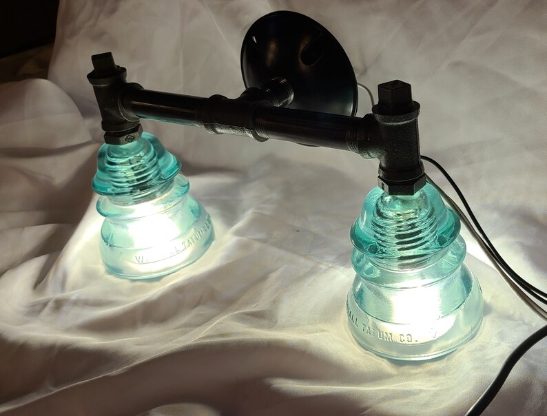 Green Vintage Glass Insulator and Iron Pipe Vanity Wall Bathroom Light