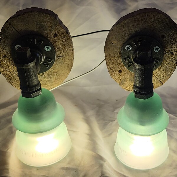 Pair (2) Glass Insulator Wall Sconce Driftwood beach glass Beach Themed Pair Vintage Light Lights Fixture #SMFGGDW3