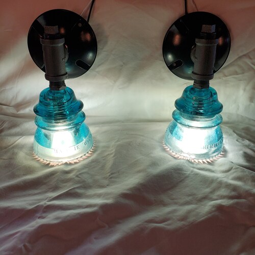 Pair (2) Glass Insulator Wall Sconce Pair Vintage Light Lights Fixture shops Blue #S2LB07
