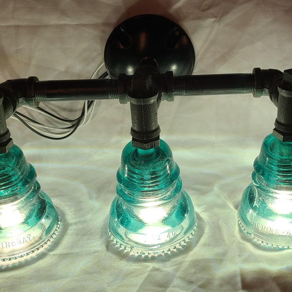 Antique Blue Green  Glass Insulator 3 light Lights Wall Lamp on Black Iron Pipe Over Vanity Mirror Bathroom Picture light pipe #VAMP3LT352