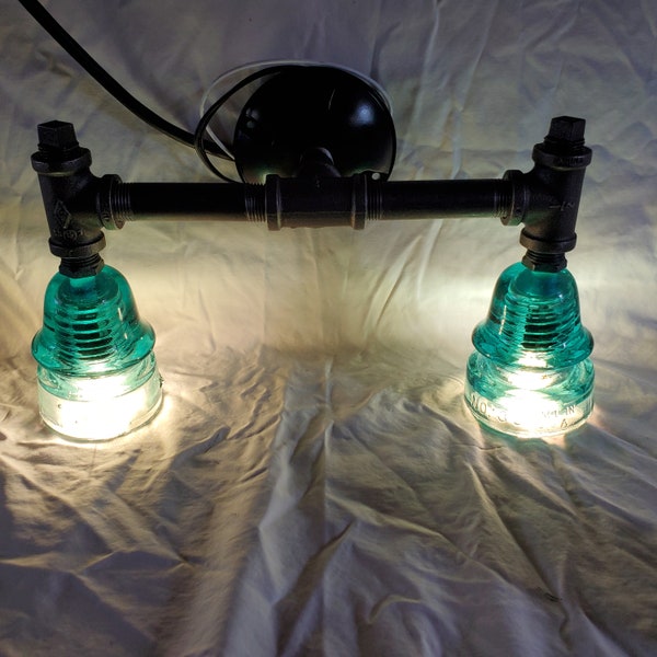 Teal Vintage Glass Insulator and Iron pipe Vanity Wall  Bathroom Light lights Fixture Clear  (not Frosted) #VAP2MBG70