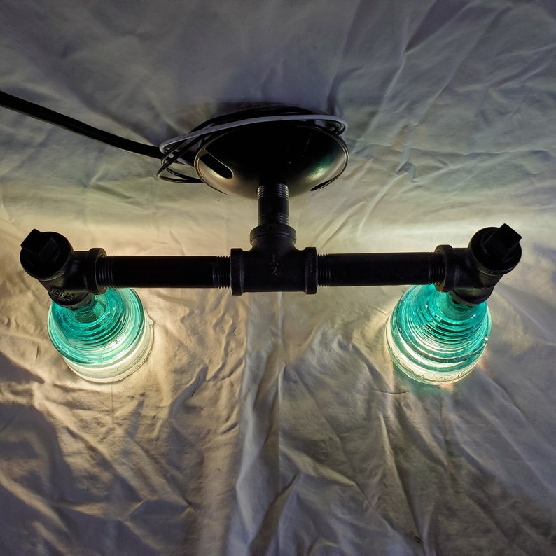 Teal Vintage Glass Insulator and Iron Pipe Vanity Wall Bathroom Light