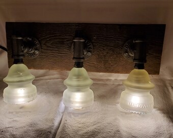 Antique Frosted Glass Insulator 3 light Lights Wall Lamp on Reclaimed Wood Over Vanity Mirror Bathroom Picture light Iron pipe #V100FCM