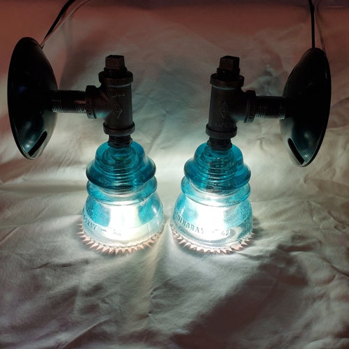Pair (2) Glass Insulator Wall Sconce Pair Vintage Light Lights Fixture shops Blue #S2LB07